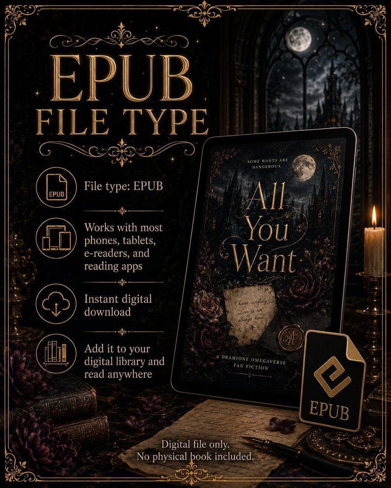 Pode incluir: Um an&uacute;ncio de arquivo digital EPUB com um tablet exibindo a capa de um livro intitulada All You Want com imagens florais escuras e g&oacute;ticas. O texto inclui EPUB FILE TYPE, detalhes de compatibilidade e uma nota sobre o arquivo digital.