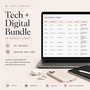May include: A digital download bundle titled "Tech + Digital Bundle" with a PR contact sheet. The image includes a laptop displaying contact information for various brands, along with a smartphone, wireless earbuds, and a tablet. The bundle includes 35+ brands and was updated May 2026.