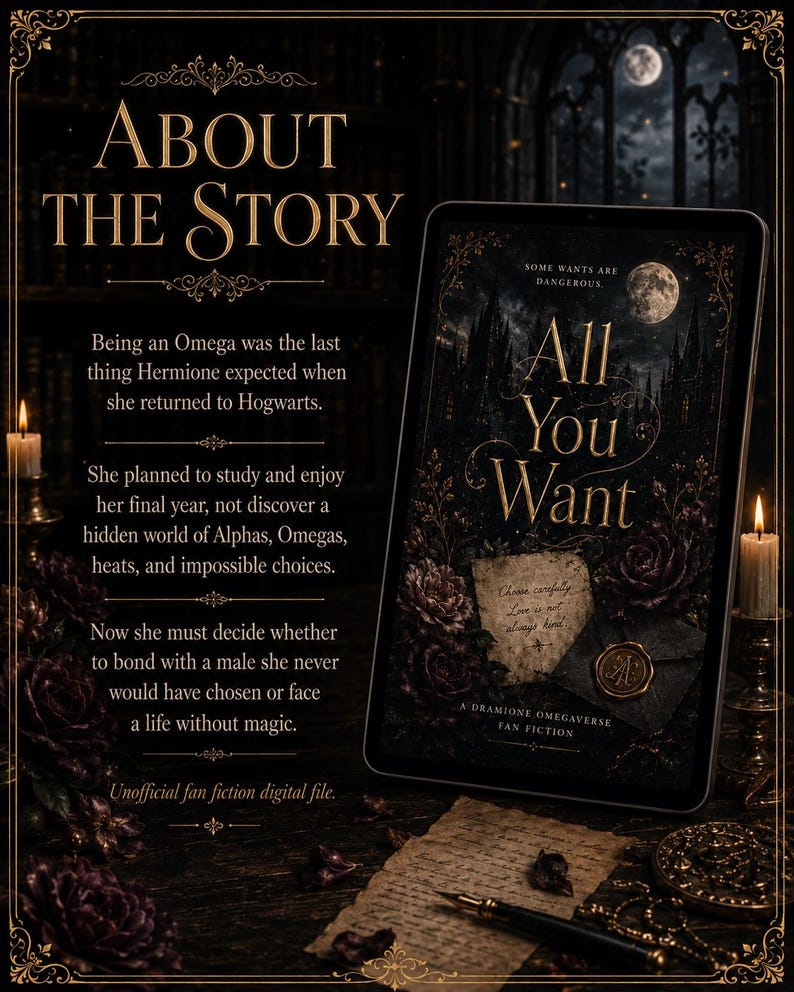Pode incluir: Um tablet digital exibe a capa de um livro intitulada All You Want, apresentando um castelo g&oacute;tico escuro, uma lua cheia e rosas. O texto na tela diz: Some wants are dangerous. Choose carefully. Love is not always kind. Fan fiction.