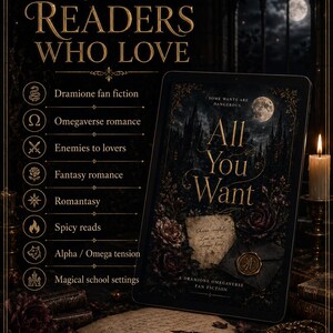 Pode incluir: Um tablet digital exibe a capa do livro All You Want, com um castelo escuro, lua e rosas. O texto lista prefer&ecirc;ncias como fan fiction de Dramione, romance Omegaverse e inimigos a amantes, com um slogan sobre um romance m&aacute;gico sombrio.
