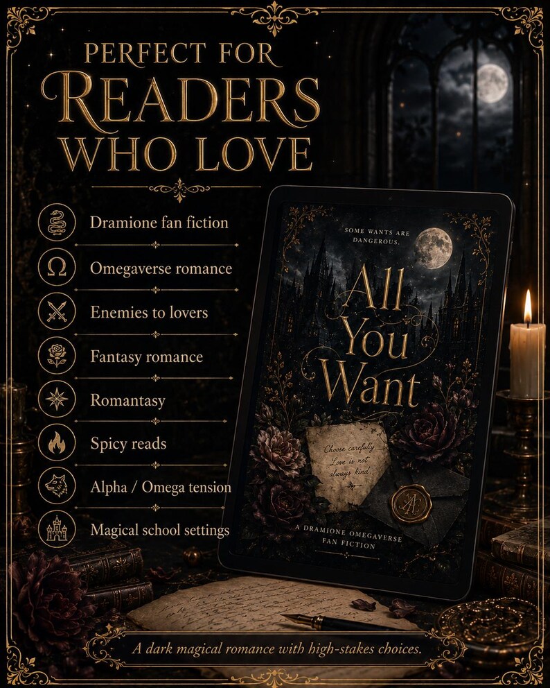 Pode incluir: Um tablet digital exibe a capa do livro All You Want, com um castelo escuro, lua e rosas. O texto lista prefer&ecirc;ncias como fan fiction de Dramione, romance Omegaverse e inimigos a amantes, com um slogan sobre um romance m&aacute;gico sombrio.