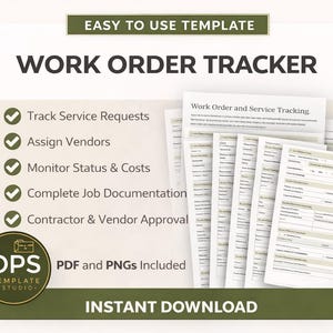 May include: A digital template for a work order tracker. The image shows a stack of printed forms with the text "Work Order and Service Tracking." The template includes features to track service requests, assign vendors, and monitor costs. The text "Easy to Use Template" is at the top.