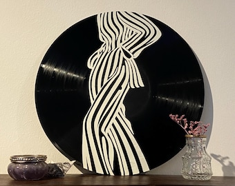 Hand-Painted Vinyl Record Wall Art | Black & White Female Silhouette | Upcycled LP Decor | 12" Original Artwork | Unique Home Decor Gift