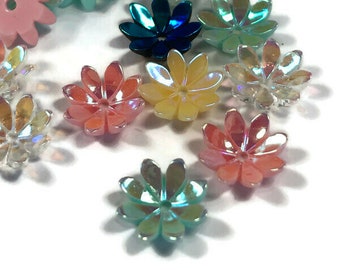 1/2 dry oz.-Iridescent flower acrylic bead caps in a  10mm bead cap mix of colors