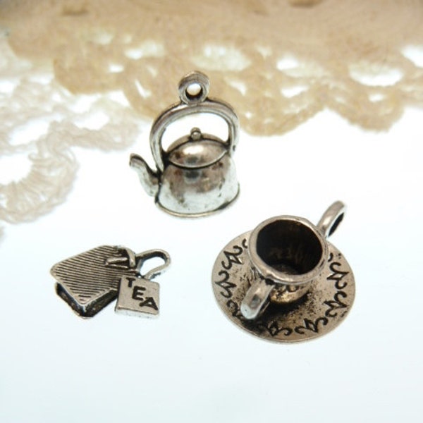 3 piece- Tea time charm set ,Tea pot  Tea bag  Tea cup Tibetan style silver