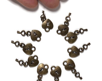 10, heart and key charms, bronze