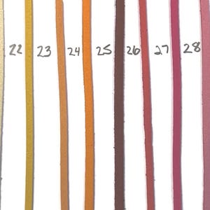 May include: Eight different colored leather cords, numbered 21 through 28. The cords are arranged vertically and are all the same length.