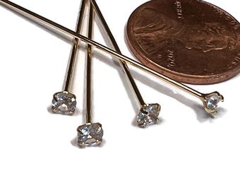 4, rhinestone headpins for jewelry, 14k Gold Plated Brass, Prong set, clear crystal  42.5mm