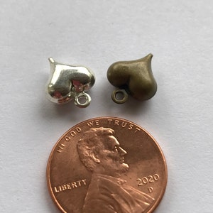 20 small puff heart charms 9 mm x 11 mm  Choose bronze or silver