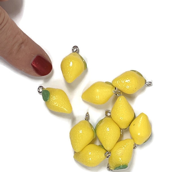 20, Lemon Charms , Resin  with Silver Eye Hooks, , 20-24mm