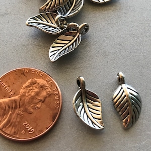 May include: Silver leaf charms with a textured design. The charms are about the size of a US penny.