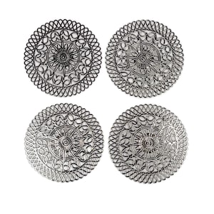 4, silver filigree round connectors