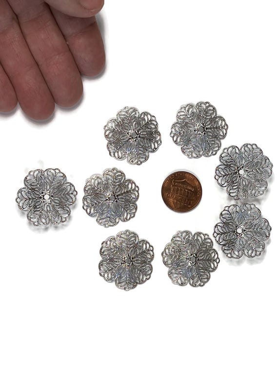 8,Large Filigree Flower Bead Caps - 28mm Platinum Plated Brass - Ornate Floral Jewelry Findings