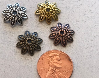 24-  Daisy flower, bead cap , 15mm ,  choose bronze , silver ,gold , copper