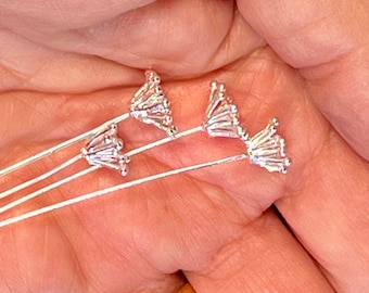 4 flower tipped head pins in silver tone brass