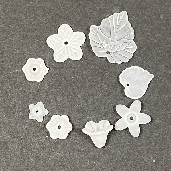 24 - white lucite flower bead and leaf  in 4 styles