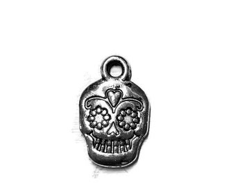 30-  sugar skull  charm , Day of  the Dead, charm  sliver double sided charm  17 mm