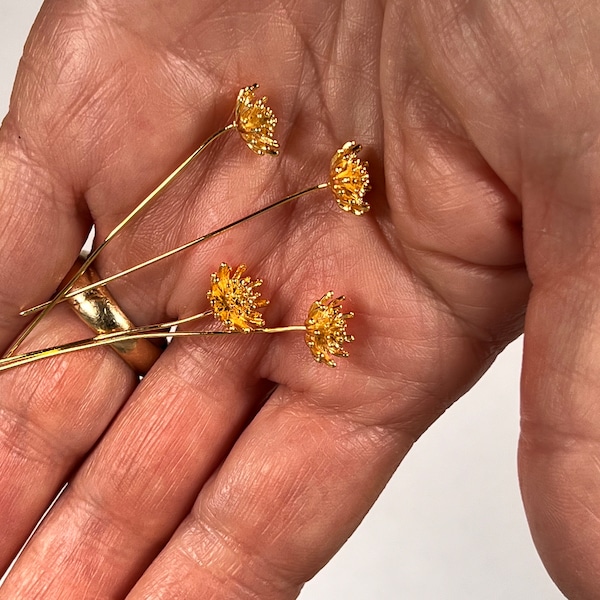 4, flower tipped  headpins gold brass