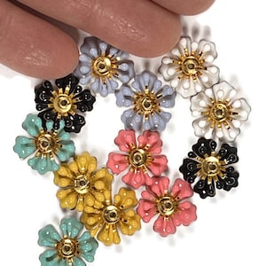 12 ,enamel flower bead caps in assorted colors 15mm