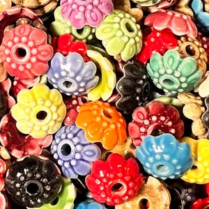 20, domed  small flower bead cap glazed  porcelain  color mix 10mm