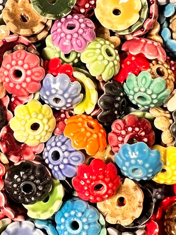 16, domed  small flower bead cap pairs , glazed  porcelain,  color mix 10mm