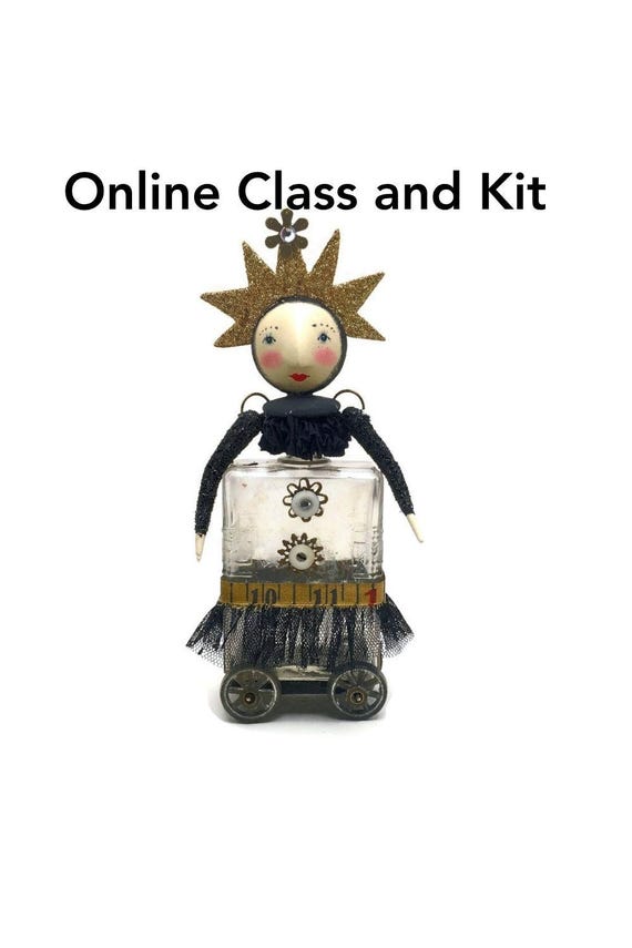 Altered Doll Mixed Media Kit, Vintage Bottle Art Class, Julie Haymaker Designs