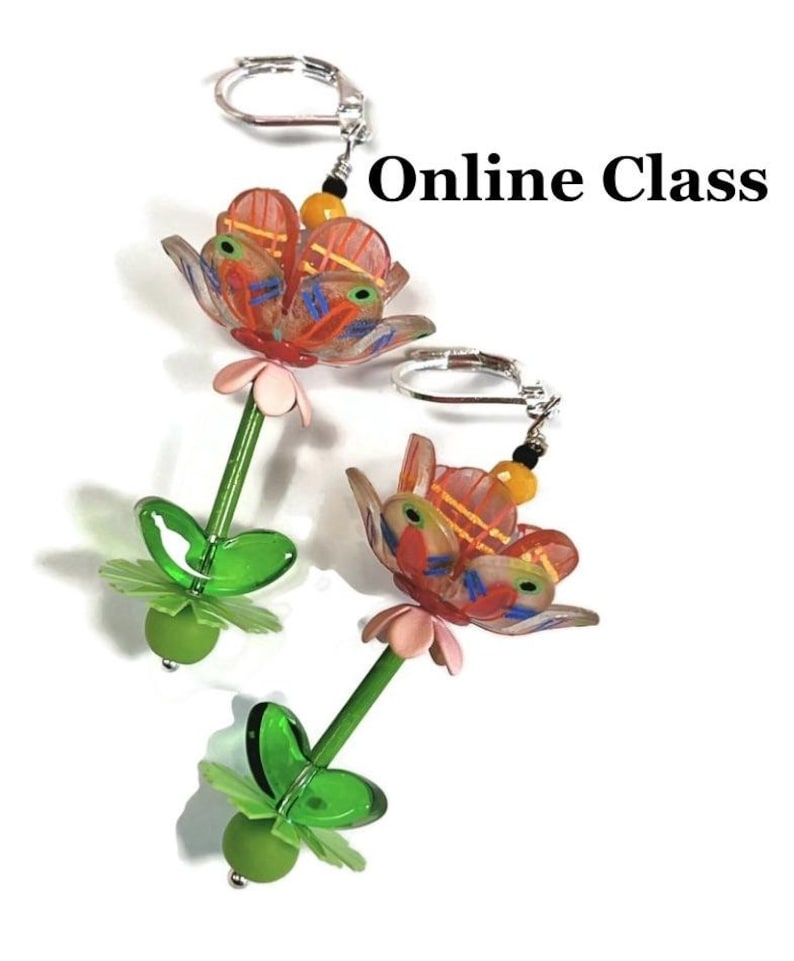 May include: A pair of floral earrings with green leaves and pink and orange flowers. The earrings are made of glass beads and have silver hooks. The text "Online Class" is visible in the image.