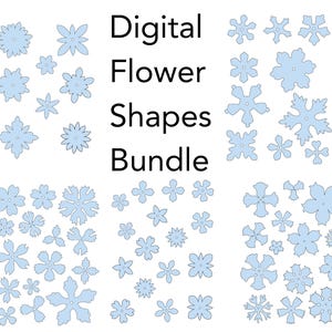 May include: A collection of light blue digital flower shapes arranged in six distinct groups, featuring various petal counts and floral silhouettes. The text "Digital Flower Shapes Bundle" is printed in black in the centre of the image.