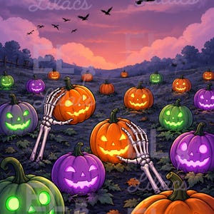 May include: A digital illustration of a pumpkin patch at twilight featuring glowing orange, purple, and green jack-o'-lanterns. Two skeletal hands emerge from the ground, reaching toward the pumpkins under a crescent moon and flying birds.