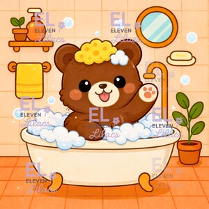 May include: A cartoon illustration of a brown bear taking a bath in a white tub filled with bubbles. The bear is waving with a happy expression. The bathroom setting includes a mirror, soap, a towel, and a potted plant.