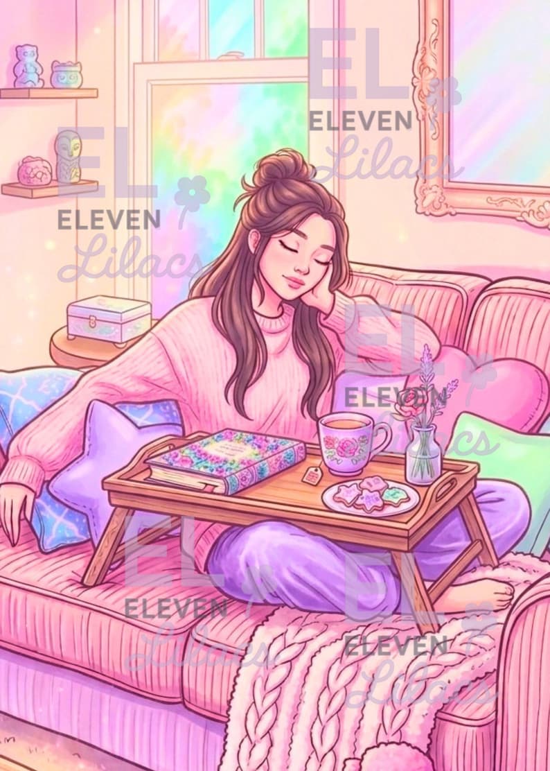 May include: A digital illustration of a person with brown hair in a bun, wearing a pink sweater and purple pants, sitting on a pink sofa. A wooden tray holds a floral book, a tea cup, a small vase with flowers, and star-shaped cookies.