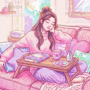 May include: A diamond painting kit featuring a rendered artwork of a person relaxing on a pink sofa with a wooden breakfast tray holding a book, a floral mug, and cookies. The artwork measures 50 cm by 70 cm and includes round drills.