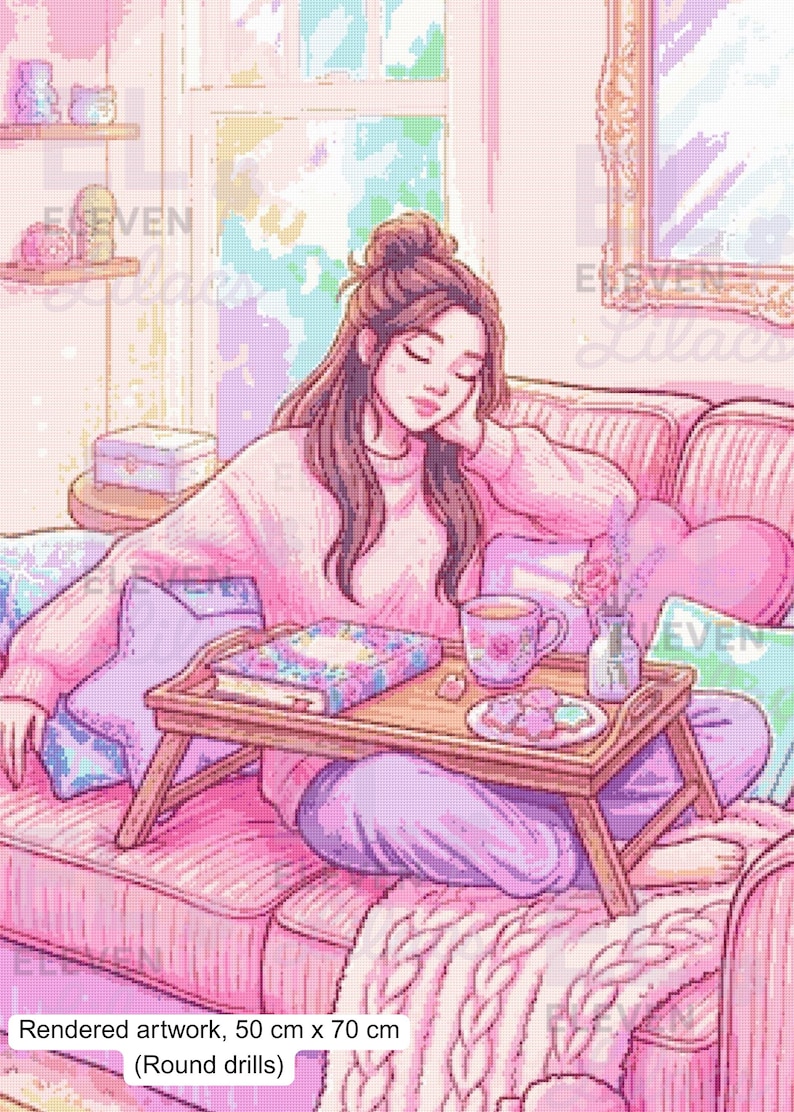 May include: A diamond painting kit featuring a rendered artwork of a person relaxing on a pink sofa with a wooden breakfast tray holding a book, a floral mug, and cookies. The artwork measures 50 cm by 70 cm and includes round drills.