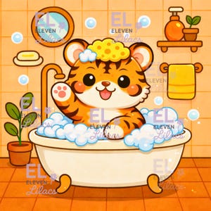 May include: A cartoon illustration of a tiger cub taking a bath in a white tub filled with bubbles. The tiger is orange and black, with a yellow sponge on its head. The bathroom is orange and has a mirror, soap, and a towel.