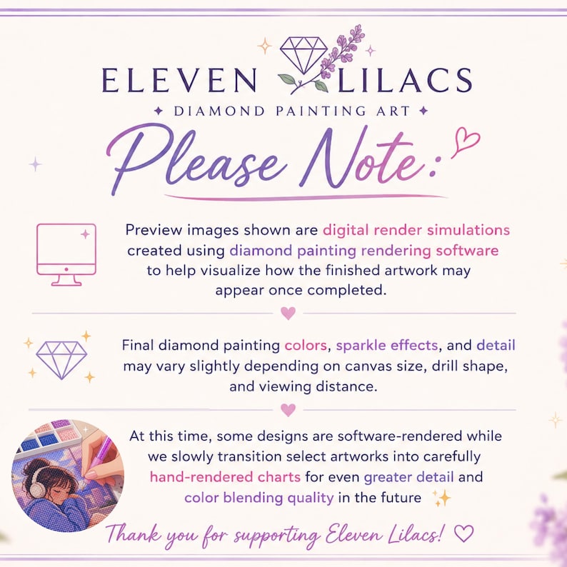 May include: An informational graphic for Eleven Lilacs Diamond Painting Art with the heading Please Note. It explains that preview images are digital renders, final colors and sparkle may vary, and some designs are transitioning to hand-rendered charts.