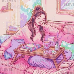 May include: A diamond painting kit featuring a pixelated illustration of a person relaxing on a pink sofa with a wooden breakfast tray holding a book, a floral mug, and cookies. The artwork measures 50 cm by 70 cm and uses square drills.