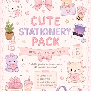 以下が含まれることがあります： ピンクと紫を基調とした、かわいい文房具パックのイラスト。ウサギ、クマ、ネコ、子犬、リボン、ハート、そして「CUTE STATIONERY PACK」の文字がデザインされています。レターペーパー、ブックマークなどが含まれています。