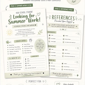 Puede incluir: Plantilla de Canva de dos páginas para trabajo de verano, que incluye un folleto y una página de referencia. El folleto enumera servicios como cuidado de niños, cuidado de mascotas y jardinería. La página de referencia tiene campos de contacto.