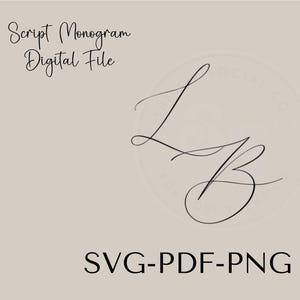 May include: A digital file with a script monogram of the letters L and B in black. The text "Script Monogram Digital File" is at the top, and "SVG-PDF-PNG" is at the bottom. The background is a light beige color.