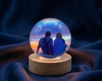 Sphère à mémoire personnalisée avec base en bois, globe d'affichage vidéo personnalisé, cadeau d'anniversaire de mariage
