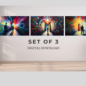May include: Set of 3 digital art prints. Each print depicts a person walking through a colorful tunnel with data and numbers. The artwork features vibrant hues of red, blue, and yellow, creating a dynamic and engaging visual experience.