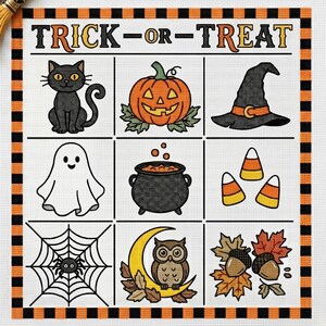 Patrón de punto de cruz vintage de Halloween "Truco o trato" / Decoración de Halloween con gato negro, bruja y calabaza (patchwork) en formato PDF (descarga digital)