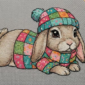 Cozy Easter Bunny Cross Stitch Pattern, Patchwork Sweater Animal Embroidery (PDF Download)