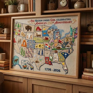 Könnte beinhalten: Gerahmte, gestickte Karte der Vereinigten Staaten, die Amerikas 250-jähriges Jubiläum feiert. Die Karte zeigt die Umrisse der Bundesstaaten mit gestickten Symbolen. Der Rahmen ist hellbraun, mit dem Text "One Nation Under God".