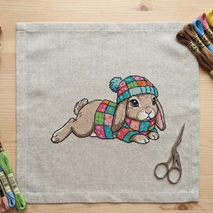Cozy Easter Bunny Cross Stitch Pattern, Patchwork Sweater Animal Embroidery (PDF Download)