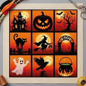 May include: A Halloween-themed needlepoint canvas featuring nine square panels with spooky illustrations. Images include a haunted house, jack-o'-lantern, witch, black cat, ghost, raven, and cauldron. The color palette is orange, black, and white.