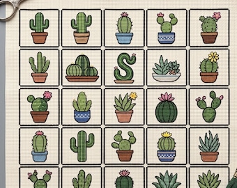Modèle de point de croix Boobie Cactus PDF à télécharger | Echantillonneur de broderie de cactus de Thanksgiving | Mini-plantes d'intérieur minuscules | Moderne petit compté