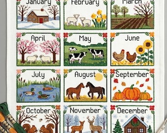 Calendrier 2027 Stitch A Long | Échantillon de broderie, motif animalier d'art populaire, 12 mois, échantillon primitif, téléchargement PDF