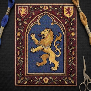 Patrón de león heráldico rugiente, punto de cruz moderno / Unicornio espíritu nocturno, tapiz medieval de fantasía francesa, decoración del hogar, Animal Crossing PDF