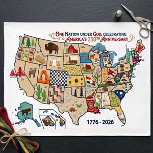 Kaart van de Verenigde Staten kruissteekpatroon, Amerika 250e verjaardag volkskunst sampler, Fourth of July Instant Chart download pdf